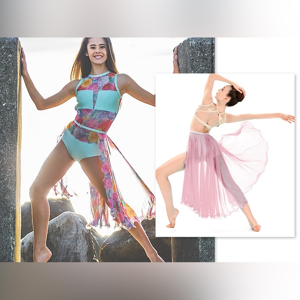 👗2 Piece Details Dancewear Mint & Pink Leotard w Mesh & a Pink Butterfly Skirt